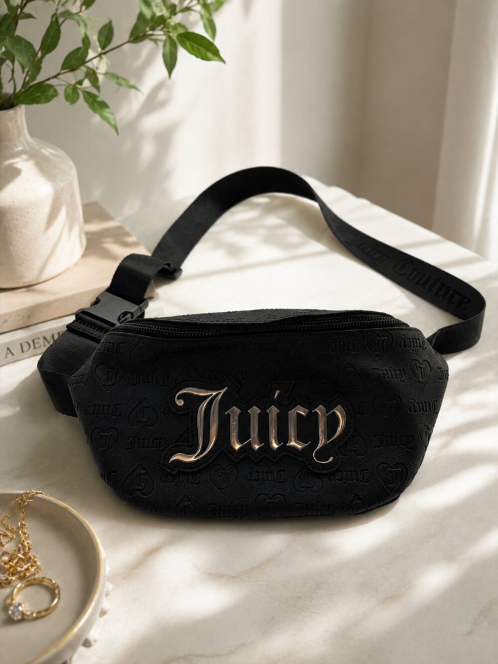 Juicy Couture Black Embossed Logo Belt Bag Fanny Pack Adjustable Strap NWOT Y2K